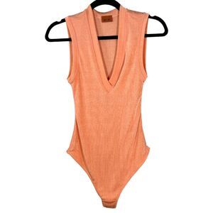 Alix NYC Coral Pink Orange V Neck Plunge Bodysuit Size Small